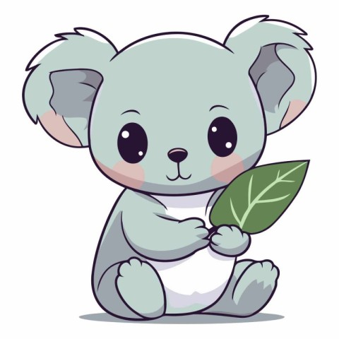 Cute koala with leaves on white background.