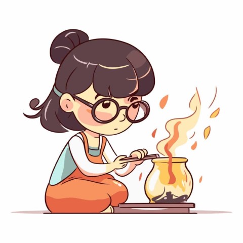 Girl cooking in a pot of a little girl in glasses.