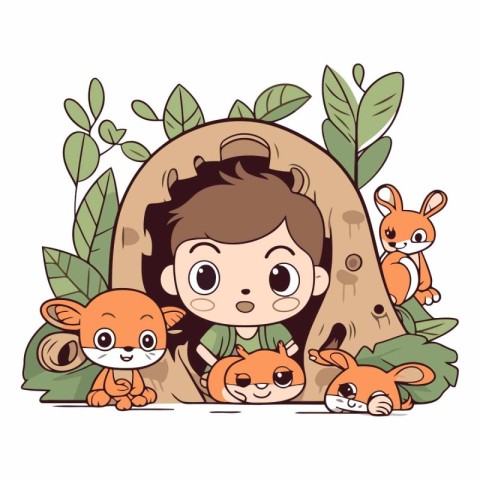 cute little girl with foxes in the jungle vector illustration de