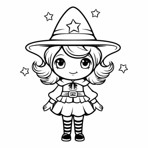 Black and White Cartoon Illustration of Little Witch Girl Charac