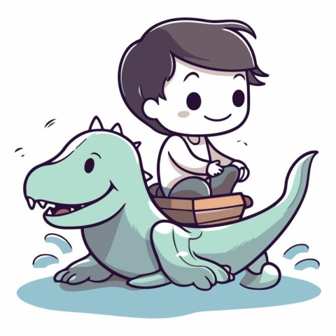 Boy riding a dinosaur on a white background in a flat style.