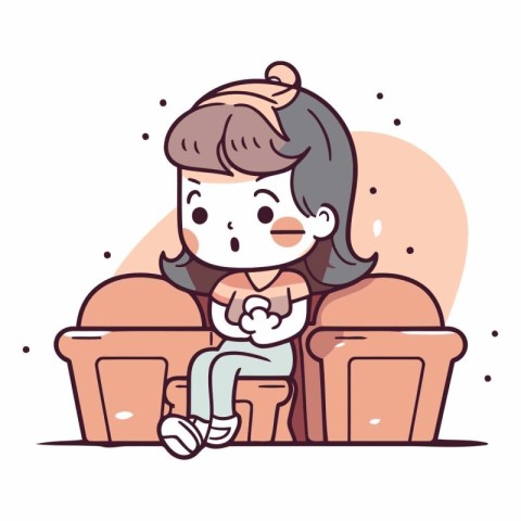 Cute little girl sitting on the sofa in cartoon style.