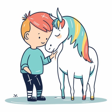 Cute little boy and white unicorn in cartoon style.