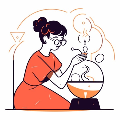 Vector illustration of a woman with glasses sitting at the table