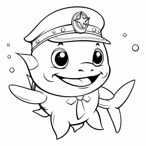 Black and White Cartoon Illustration of Cute Fish Captain Charac