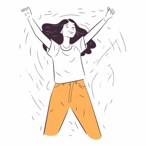 Happy girl jumping in the air in sketch style.