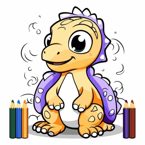 Cute Cartoon Dinosaur with Colored Pencils