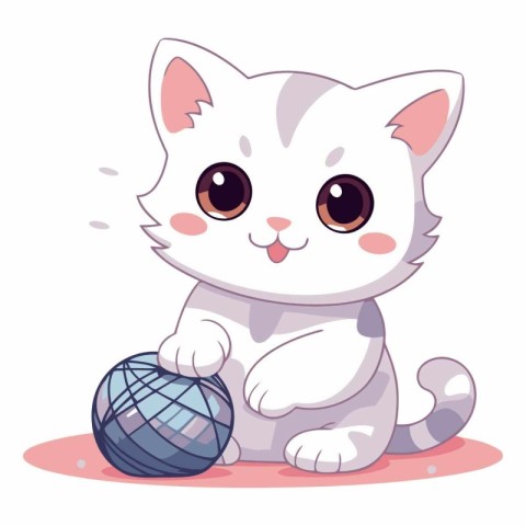 Cute cartoon kitten playing with ball of yarn.