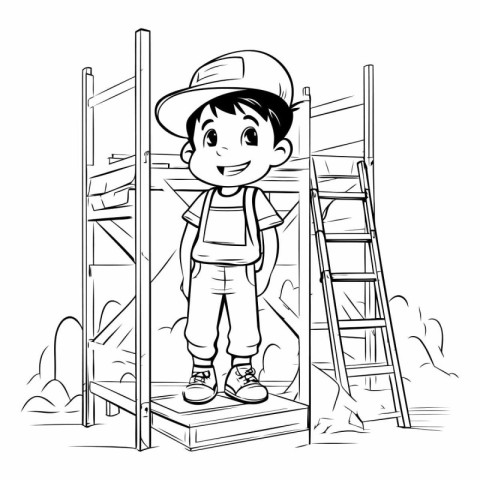 Boy climbing on ladder cartoon in black and white vector illustr