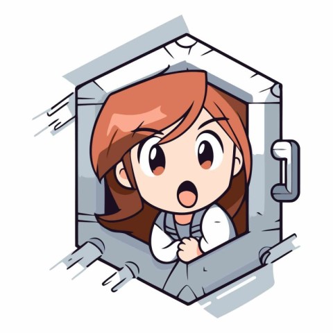 Surprised girl inside the safe. Vector clip art illustration.