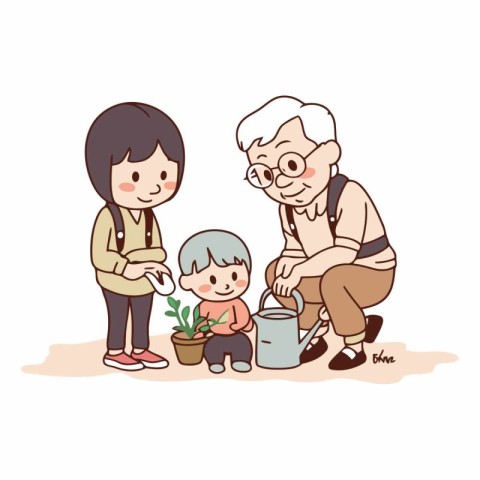 Grandmother and grandson watering a plant in the garden