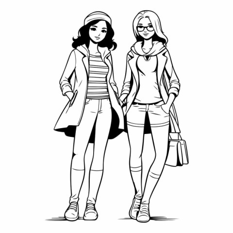 Fashion girls in sketch style of two fashionable girls.