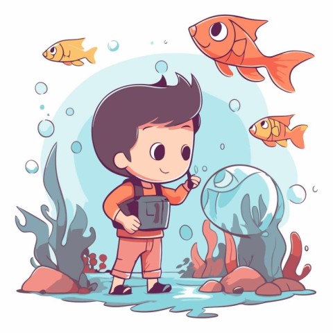 Little boy exploring the underwater world with fishes and corals