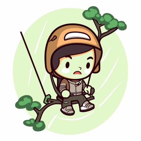 Boy climbing on a tree with his helmet and fishing rod