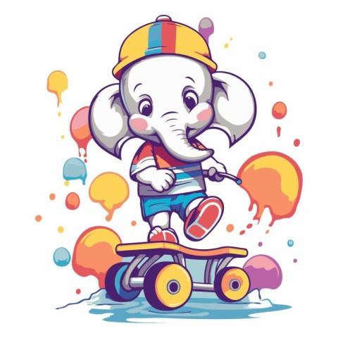 Elephant riding a car. Cute cartoon animal.