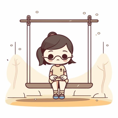 Cute little girl sitting on the swing. Vector cartoon illustrati