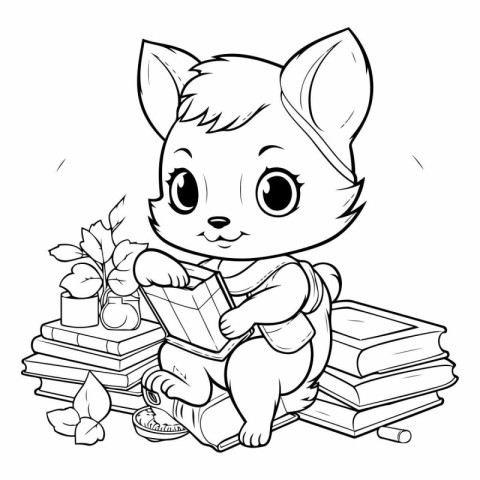 Black and White Cartoon Illustration of Cute Little Fox Reading