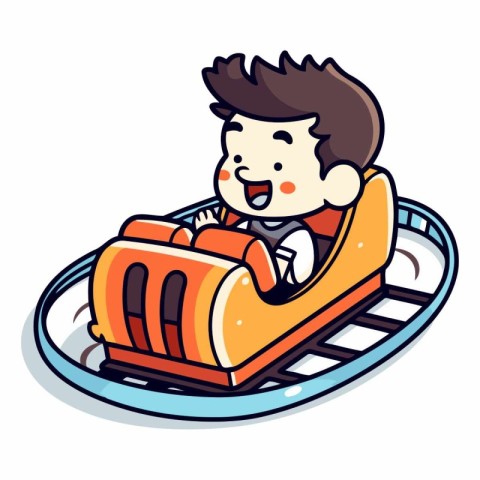 Cartoon boy sliding on a sledge in cartoon style.