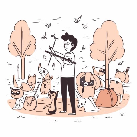 Vector illustration of man playing music with dog and cat in par