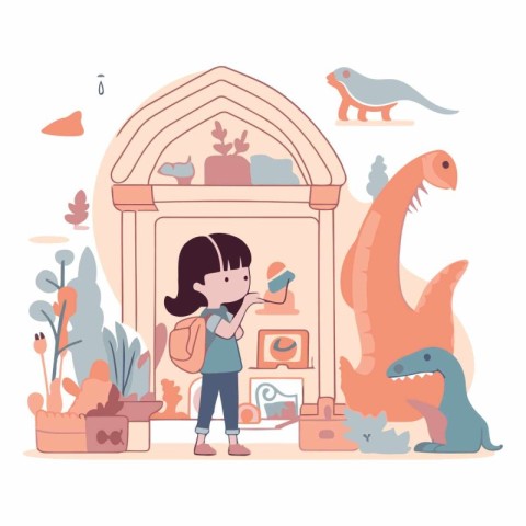 Vector illustration of a girl with a backpack and a dinosaur in