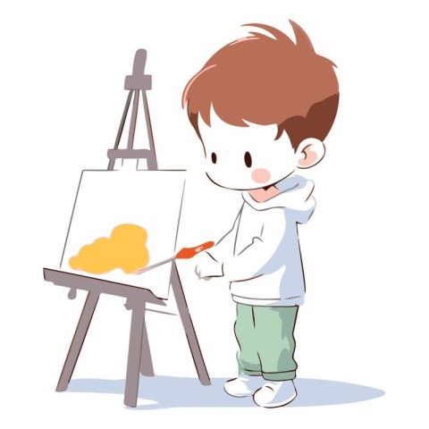 Illustration of a little boy painting a picture on an easel