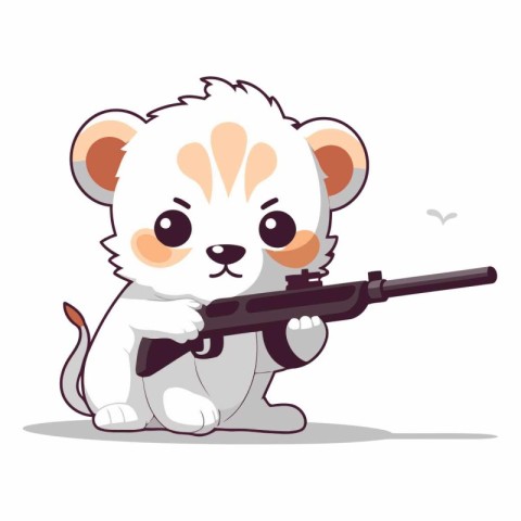 Cute cartoon lion with a gun on white background.