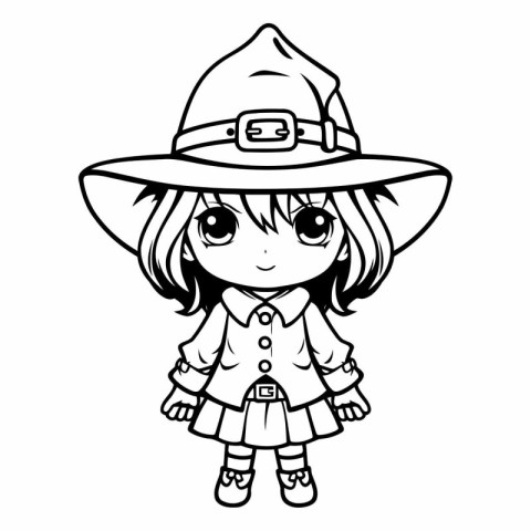 Black and White Cartoon Illustration of Cute Little Witch Girl f