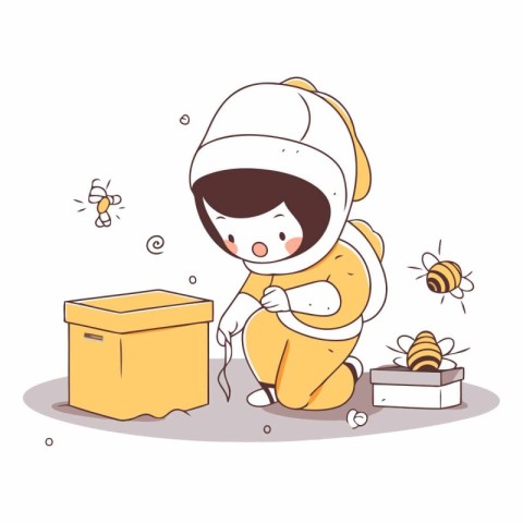 Illustration of a beekeeper holding a bee and a box.