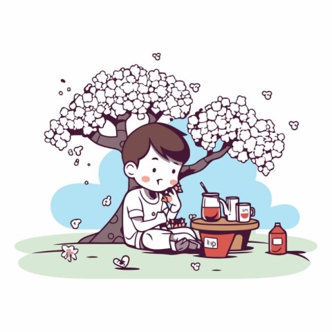 Illustration of a boy playing in the park with cherry blossoms