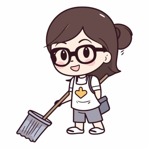 Illustration of a Cute Girl Cleaning the Floor with a Mop