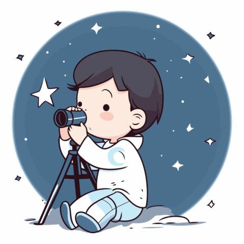 Boy looking through binoculars in the starry sky