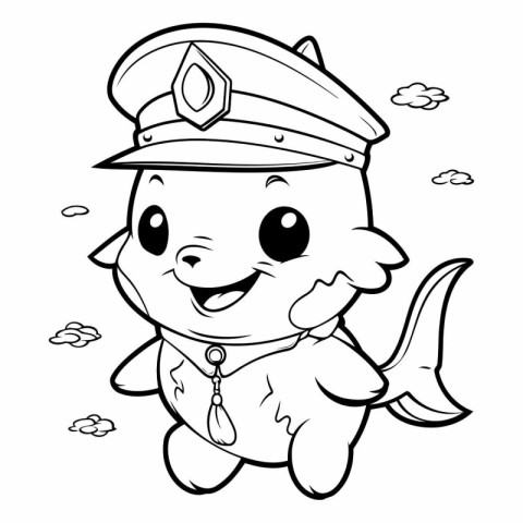 Black and White Cartoon Illustration of Cute Little Fish Captain