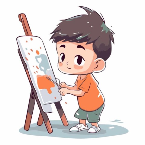 Cute little boy painting on easel. Vector cartoon illustration.