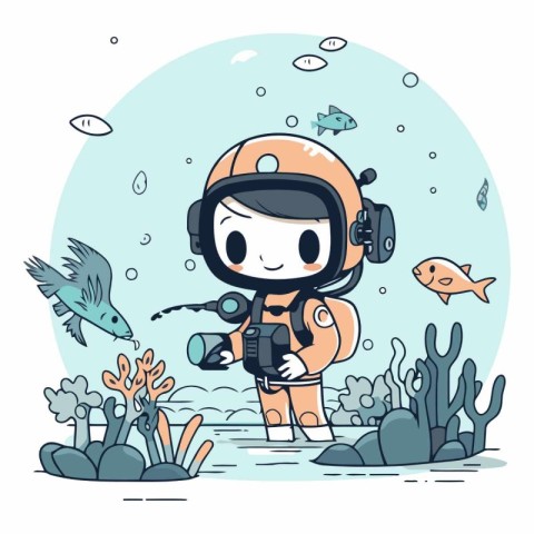 Cute cartoon boy in scuba diving suit.