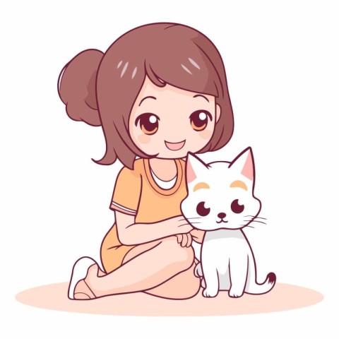 cute little girl with cat cartoon vector illustration graphic de