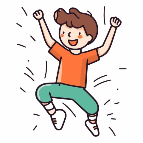 Cheerful boy jumping in flat cartoon style.