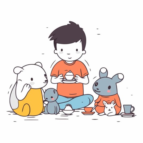 Cute little boy playing with toy animals in cartoon style.