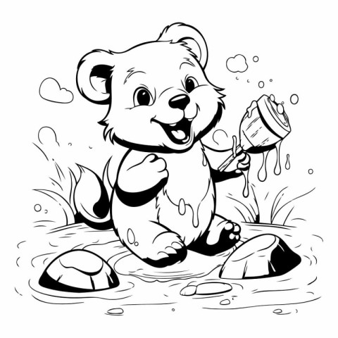 Black and White Cartoon Illustration of Cute Teddy Bear Drinking