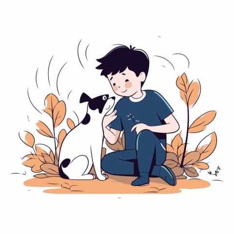 Cute boy with a dog in the autumn park