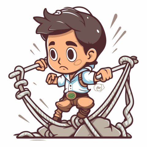 Cartoon boy climbing rope isolated on white background.