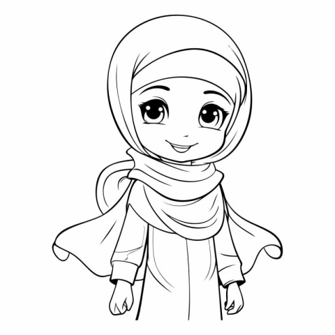 Cute Muslim girl in hijab for coloring book.