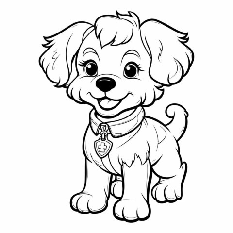 Cute cartoon puppy with medal for coloring book.