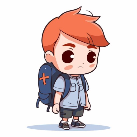 Cute little school boy with backpack in cartoon style.