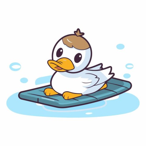 Cute cartoon duck floating on a floating raft.