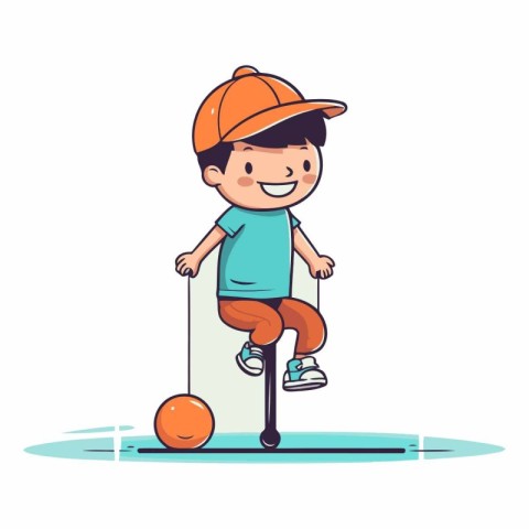 Cute little boy playing bowling in cartoon style.