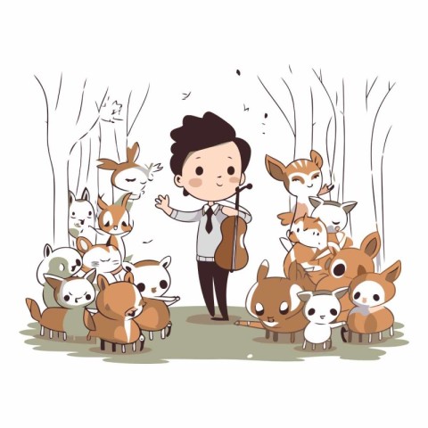 illustration of a boy with a group of animals in the forest