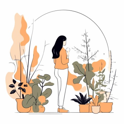 Vector illustration of a girl with a cup of coffee and plants in