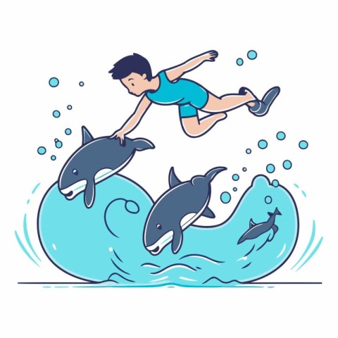 Vector illustration of a boy jumping from a big wave with dolphi