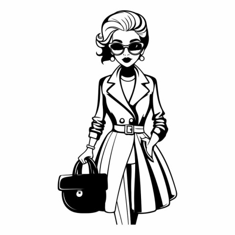 Fashionable woman with handbag. Black and white vector illustrat