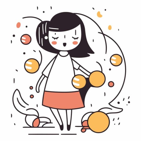 Cute little girl playing with balls in cartoon style.